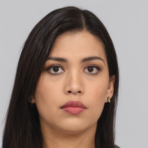Neutral asian young-adult female with long  brown hair and brown eyes