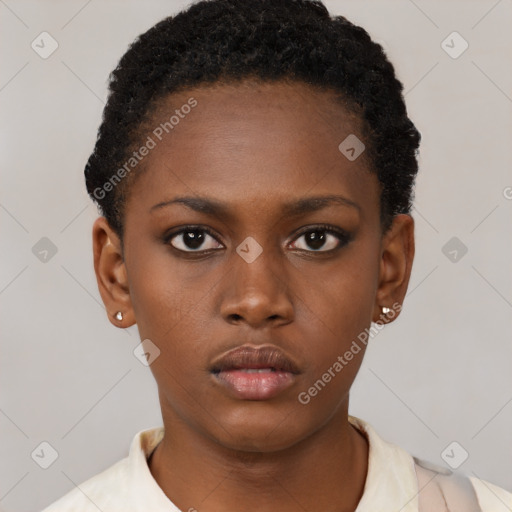 Neutral black young-adult female with short  black hair and brown eyes