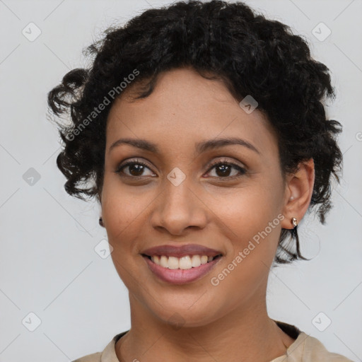 Joyful latino young-adult female with short  brown hair and brown eyes