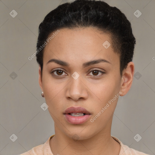 Neutral latino young-adult female with short  brown hair and brown eyes