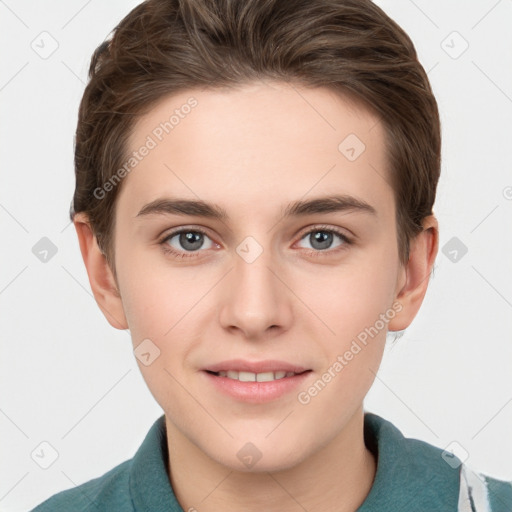 Joyful white young-adult female with short  brown hair and grey eyes