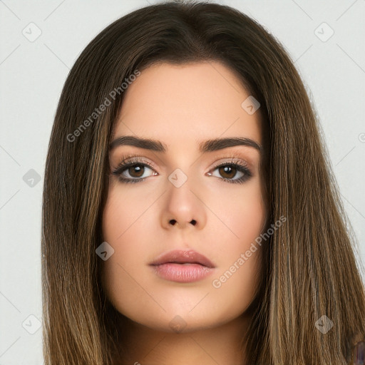 Neutral white young-adult female with long  brown hair and brown eyes