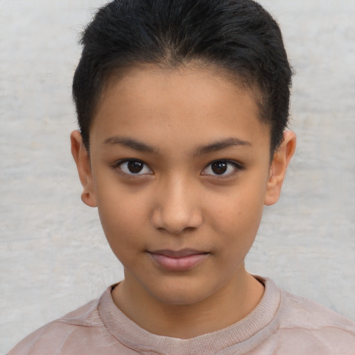 Neutral latino child female with short  brown hair and brown eyes