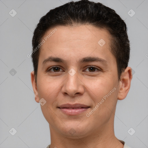 Joyful white young-adult female with short  brown hair and brown eyes