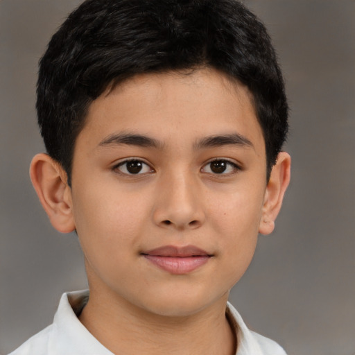 Joyful latino young-adult male with short  brown hair and brown eyes