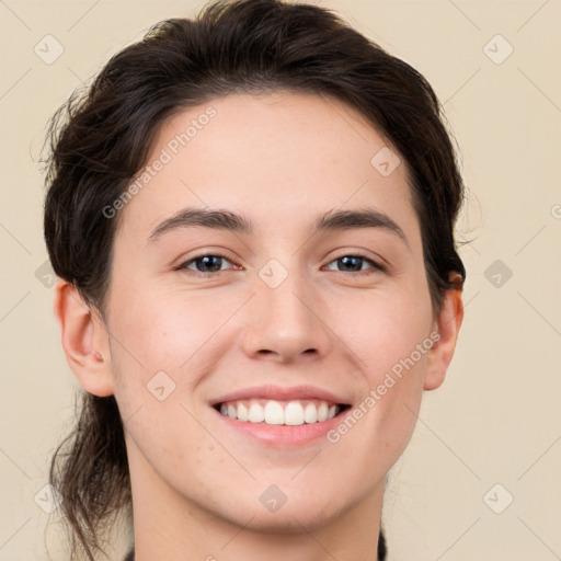 Joyful white young-adult female with medium  brown hair and brown eyes