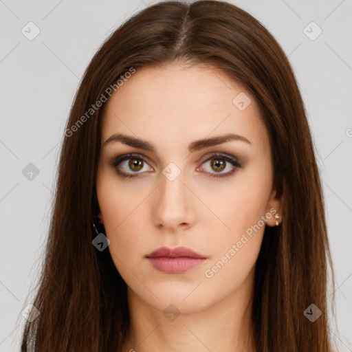 Neutral white young-adult female with long  brown hair and brown eyes