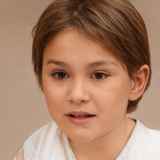 Joyful white child female with medium  brown hair and brown eyes