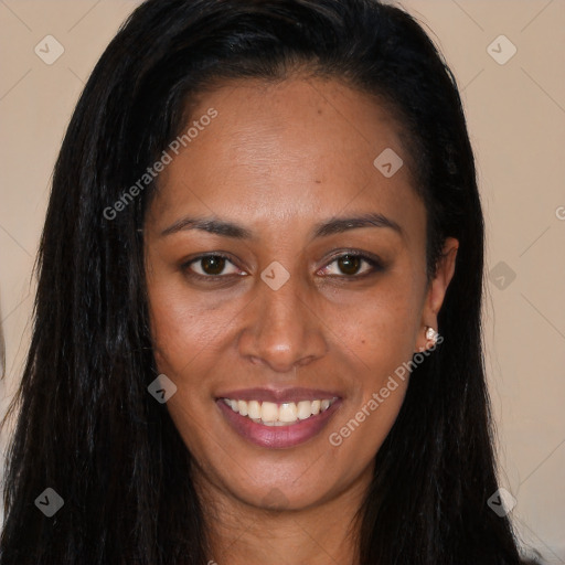 Joyful asian young-adult female with long  brown hair and brown eyes