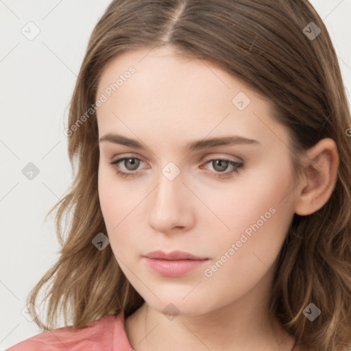 Neutral white young-adult female with long  brown hair and grey eyes