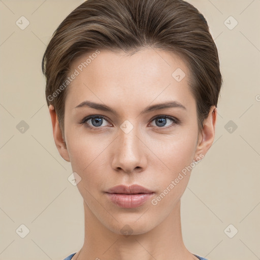 Neutral white young-adult female with short  brown hair and brown eyes