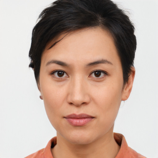 Neutral asian young-adult female with short  brown hair and brown eyes