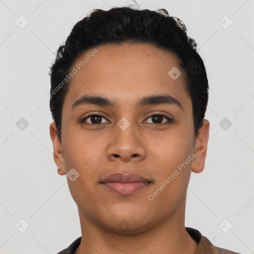 Neutral latino young-adult male with short  black hair and brown eyes