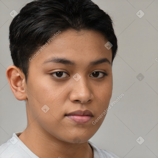 Neutral latino young-adult female with short  brown hair and brown eyes