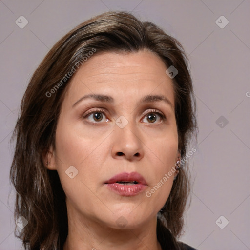 Neutral white adult female with medium  brown hair and brown eyes