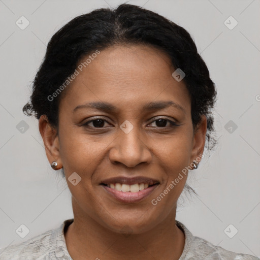 Joyful latino young-adult female with short  brown hair and brown eyes