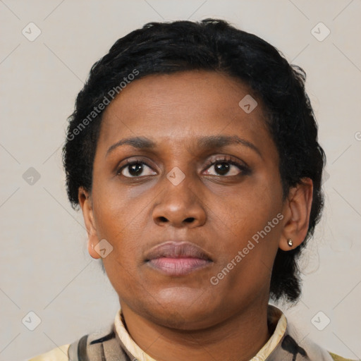 Neutral black young-adult female with short  black hair and brown eyes