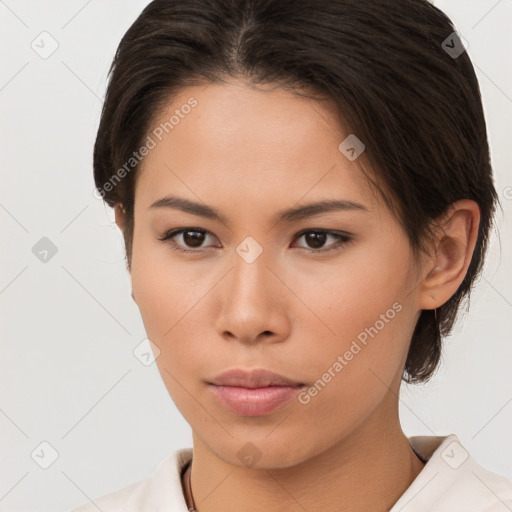 Neutral asian young-adult female with medium  brown hair and brown eyes