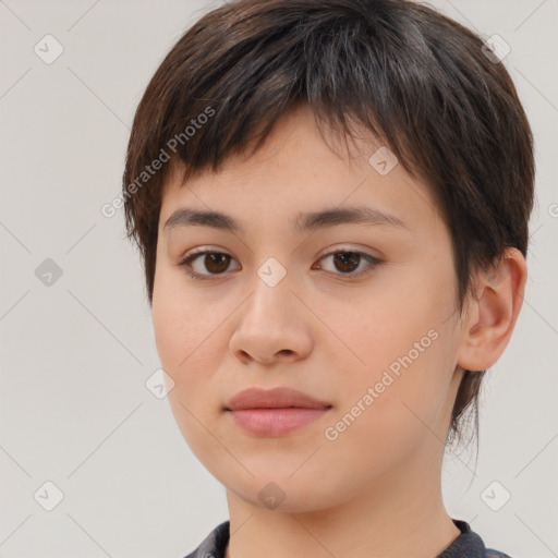 Neutral white young-adult female with medium  brown hair and brown eyes