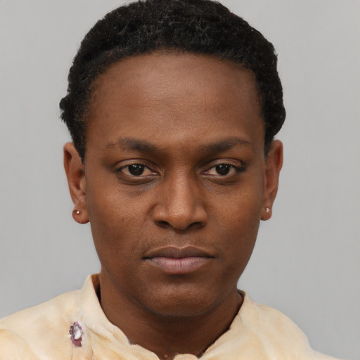 Neutral black young-adult female with short  black hair and brown eyes
