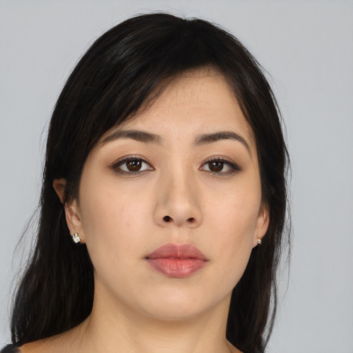 Neutral asian young-adult female with medium  brown hair and brown eyes