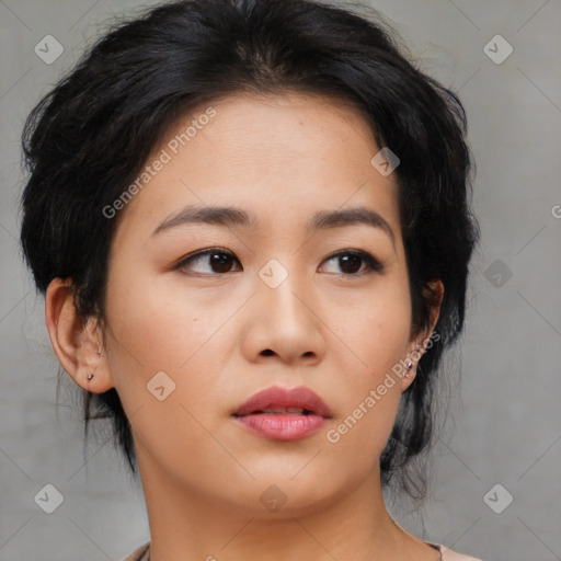 Neutral asian young-adult female with medium  brown hair and brown eyes