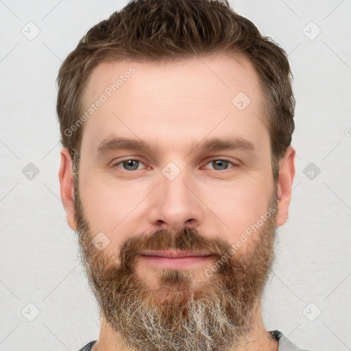 Neutral white young-adult male with short  brown hair and grey eyes