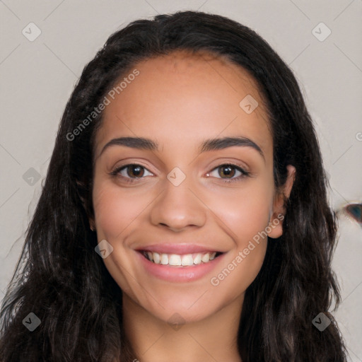 Joyful white young-adult female with long  black hair and brown eyes