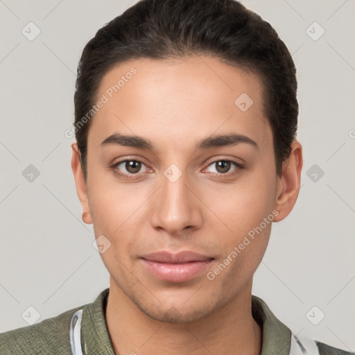 Joyful white young-adult male with short  brown hair and brown eyes