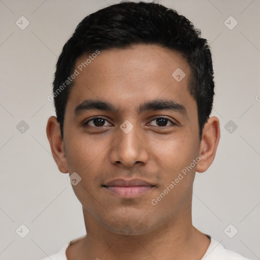 Neutral latino young-adult male with short  black hair and brown eyes