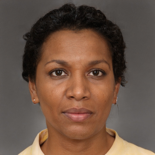 Neutral black adult female with short  brown hair and brown eyes