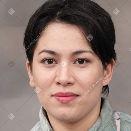 Joyful white young-adult female with medium  brown hair and brown eyes