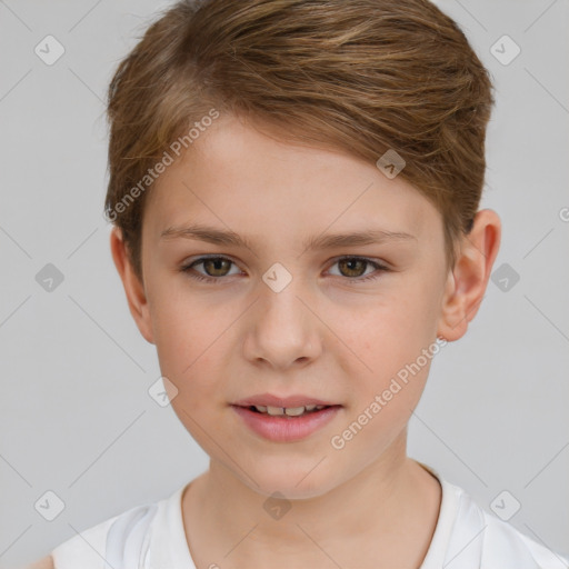 Joyful white child female with short  brown hair and brown eyes