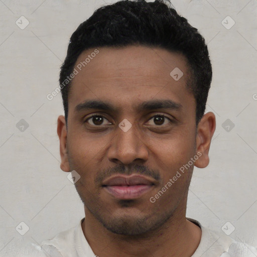Neutral latino young-adult male with short  black hair and brown eyes