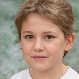 Joyful white child female with short  brown hair and brown eyes