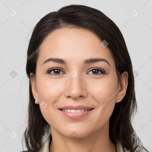 Joyful white young-adult female with medium  brown hair and brown eyes