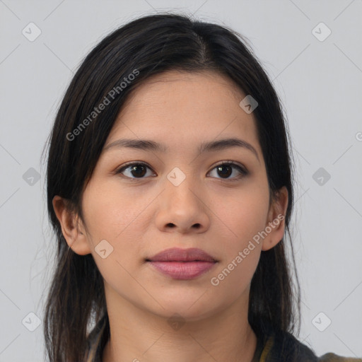 Neutral asian young-adult female with long  brown hair and brown eyes