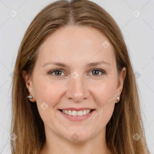 Joyful white young-adult female with long  brown hair and grey eyes