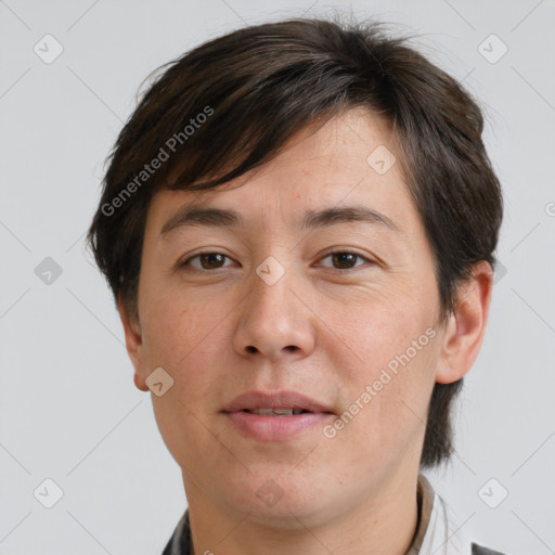 Joyful white adult male with short  brown hair and brown eyes