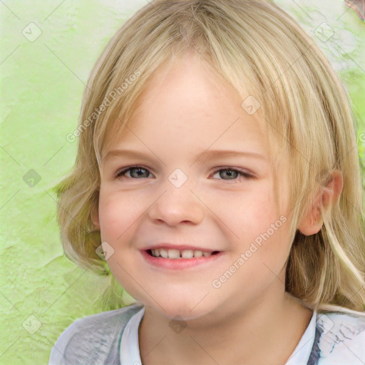 Joyful white child female with medium  brown hair and blue eyes