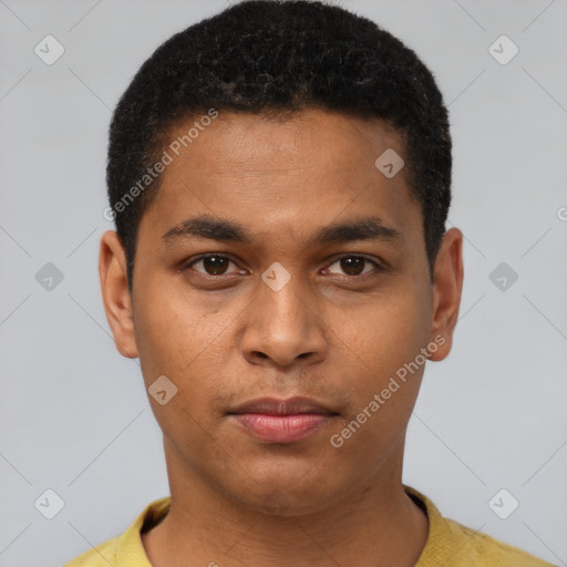 Neutral black young-adult male with short  black hair and brown eyes