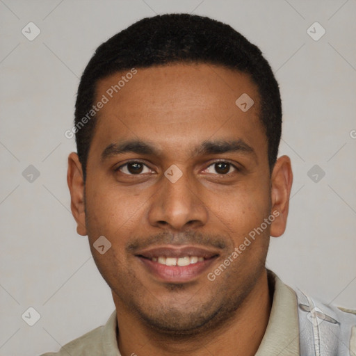 Joyful latino young-adult male with short  black hair and brown eyes
