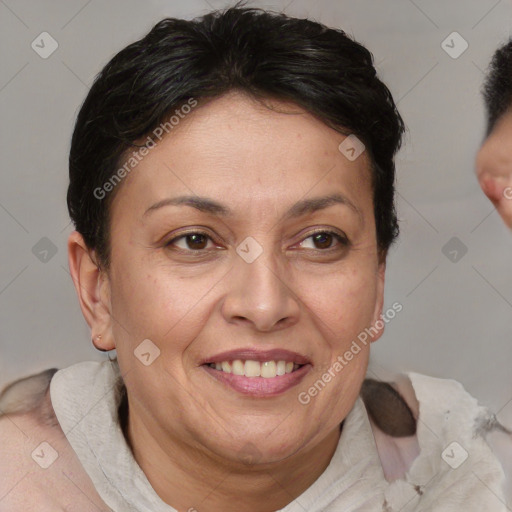 Joyful white adult female with short  brown hair and brown eyes