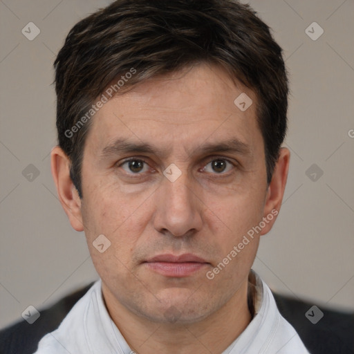 Neutral white adult male with short  brown hair and brown eyes