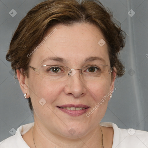 Joyful white adult female with short  brown hair and brown eyes