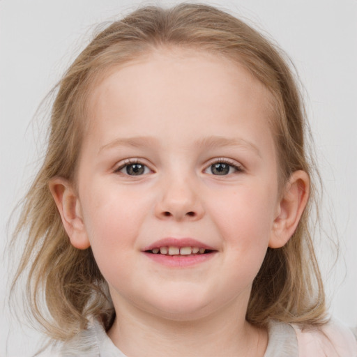 Joyful white child female with medium  brown hair and blue eyes