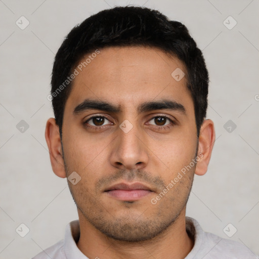 Neutral latino young-adult male with short  black hair and brown eyes