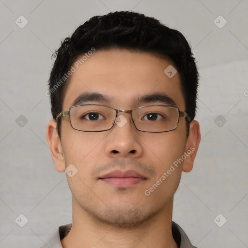 Neutral asian young-adult male with short  brown hair and brown eyes