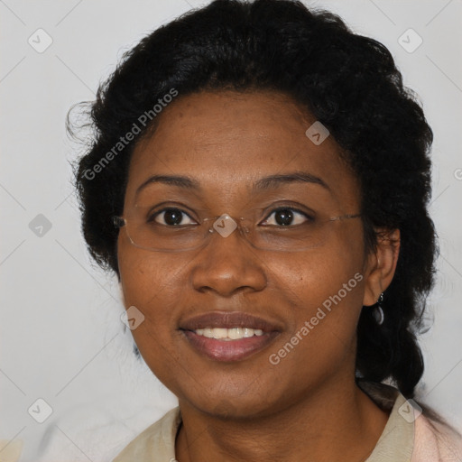 Joyful black adult female with short  brown hair and brown eyes