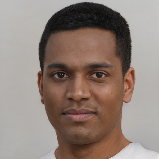 Neutral black young-adult male with short  black hair and brown eyes